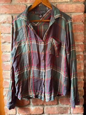 Polly & Esther Green Plaid Rayon Top with Multicolor Stripes